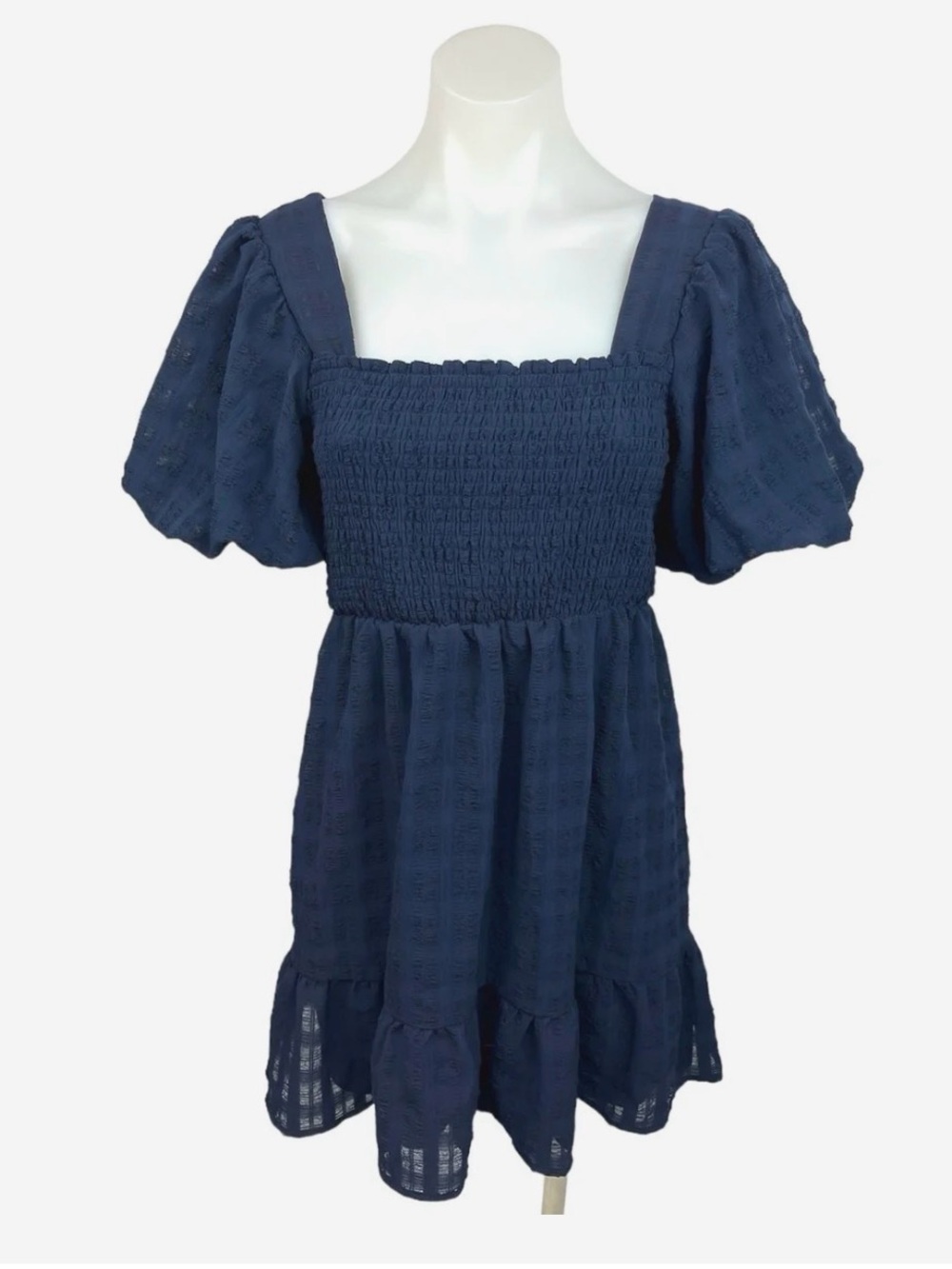 Blue Smocked Square Neck Dress